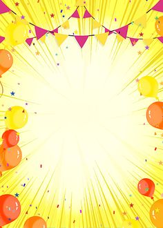 an image of balloons and streamers on a yellow background with starbursts