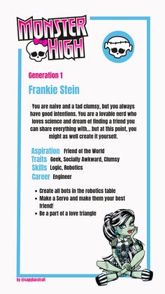 the monster high character information card for frankie stein's animated movie, monsters