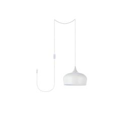 a white light hanging from the ceiling next to a cord and plugged into an outlet