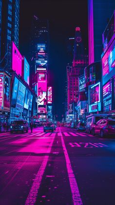 a city street filled with lots of tall buildings and neon colored billboards at night