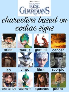 the characters based on zodiac signs are shown in this poster with caption for each character