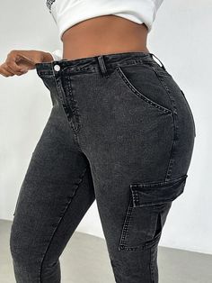 Plus Size Stretchy Denim Casual Skinny Cargo Pants, Black Winter Jeans Fall Pants Denim Pants Streetwear Pants For Women Stretch Cargo Jeans Skinny Stretch Black    Denim Plain Skinny High Stretch  Women Plus Clothing, size features are:Bust: ,Length: ,Sleeve Length: