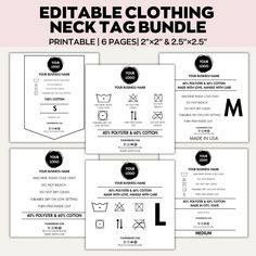 the editable clothing neck tag bundle is shown in black and white, with instructions for how