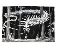 a drawing of a dinosaur skeleton in the woods