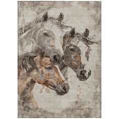 three horses are standing together in front of an old wallpaper with faded paint on it