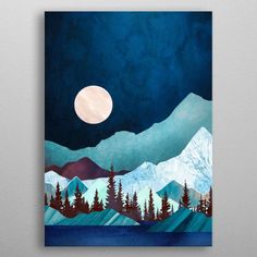 a painting with mountains and trees under a full moon