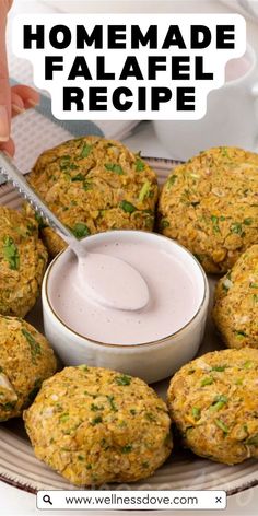 homemade falafel recipe on a plate with dipping sauce