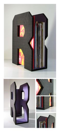 this is an image of a book holder made out of magazines and cds with holes in the middle