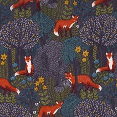 a fabric with foxes and trees on it