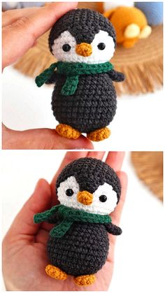 crocheted penguin with scarf and hat is shown in two different photos, one showing the