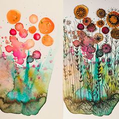 two paintings with flowers and plants on them, one is painted in watercolors