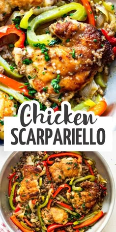 chicken and vegetable dish in a white bowl with the words chicken scarrarellalo above it