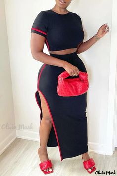 Olivia Mark - Stylish Two-Piece Black Casual Set with O-Neck and Short-Sleeves for Women Short Sleeve Suit, Satin Style, Black Two Piece, Elastic Waist Shorts, Casual Sets, Fashion Pattern, Two Piece Dress, Skirt Top, Skirt Length