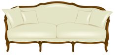 a white couch with pillows on it and a wooden frame around the armrests