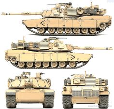 three different views of an army tank, one with turrets and the other without turrets