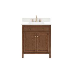 a bathroom vanity with two sinks and a cabinet underneath the faucet, on a white background