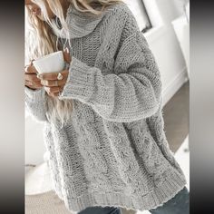 Nwt Chunky Oversized Light Gray Sweater Heather Grey Winter Sweater, Oversized Heather Grey Cozy Sweater, Oversized Heather Grey Winter Sweater, Cozy Heather Grey Winter Sweater, Pull Oversize, Twist Pattern, High Neck Sweater, Oversized Pullover, Loose Outfit