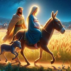 the birth of jesus is being led by two donkeys