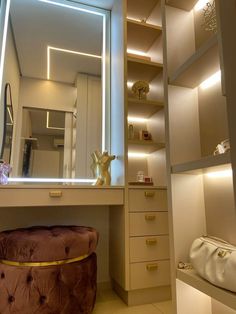 a dressing room with an illuminated mirror and stool