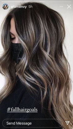 Dark Brown Base With Ash Blonde Balayage, Highlights To Disguise Gray Hair, Trendy Highlights For Brunettes, Brunette With Ash Blonde Highlights, Ashy Babylights On Dark Hair, Deep Brown Hair, Balayage Ideas, Hair Play, Mom Hair