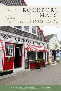 the front of a store with red and white striped awnings