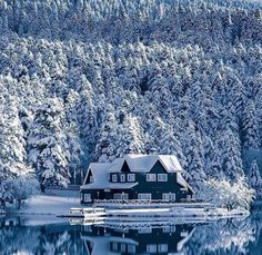 a large house sitting on top of a snow covered hillside next to a lake and forest