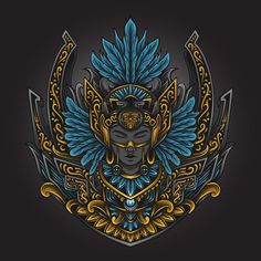 the head of an egyptian god with blue feathers and gold accents on a black background