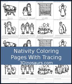 Free Nativity Coloring Printable with Word Print & Cursive – 3 Dinosaurs