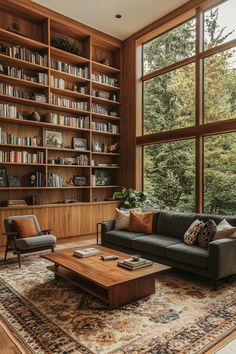 a living room filled with lots of books and furniture next to a large window covered in wooden shelves