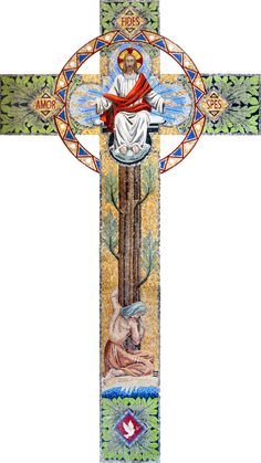 A Magnificent; Masterpiece of Mosaic Art Made of 100% Natural stonesThe Holly Cross with Jesus in Heaven Scene Jesus In Heaven, Cross With Jesus, Crucifix Art, Mosaic Crosses, Mosaic Pieces, Custom Mosaic, Tile Murals, Religious Icons, Jesus Art