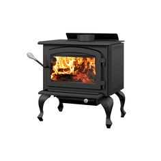 a black stove with flames in it on a white background and the door is open