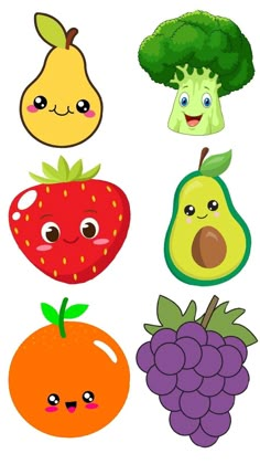 four fruits and vegetables with faces drawn on them