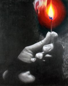 a drawing of a hand holding a lit candle