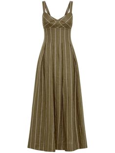 Nicholas Selene Linen Dress - Farfetch Olive Summer Outfits, Halter Dress Wedding Guest, Inverted Pleat Dress, Olive Green Maxi Dress, Long Casual Dresses, Yellow Linen Dress, Olive Green Dress, Green Dress Casual, Drawstring Dress