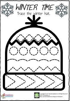 winter time trace the winter hat with snowflakes in the background and an image of a