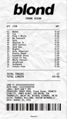 a white receipt with the words blond written in black on it and an image of a barcode