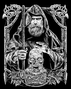 a black and white drawing of a man with a beard holding a knife next to a skull