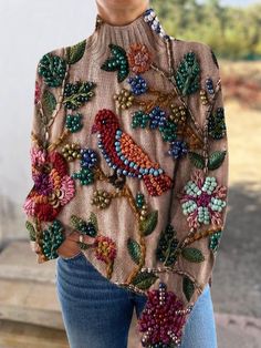 Unique Sweaters For Women, Winter Long Sleeve Sweater With Multicolor Embroidery, Eccentric Maximalist, Intricate Knit Sweater, Multicolor Embroidered Long Sleeve Winter Sweater, Flannel Diy, Luxury Floral Embroidered Sweater For Women, Fun Sweaters, Retro Jacquard Knit Sweater