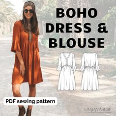 "Romantic, modern boho dress & blouse PDF sewing pattern VALENTINA with english sewing pattern and english instructions 🇬🇧. Are you in search of a modern, romantic boho dress or blouse? With this easy and beginner-friendly sewing pattern PDF guide you will be able to create stunning bohemian clothes with your own favorite fabric and pattern! Our beautiful \"Valentina\" set will bring you two fashionable go-to pieces for everyday life. The dress is quickly put on and as comfortable as they get! Boho Dress Sewing Pattern, Bohemian Sewing Patterns, Diy Boho Dress, Boho Sewing Patterns, Bohemian Dress Pattern, Boho Sewing, Summer Dress Sewing Patterns, Couture Simple, Boho Summer Dress