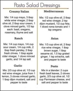 the instructions for pasta salad dressings