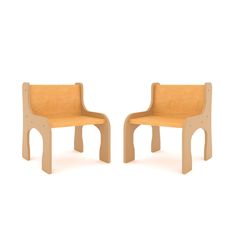 two wooden chairs sitting next to each other