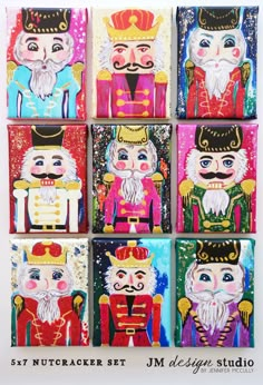 the nutcrackers are painted on canvases and each has different colors, sizes and