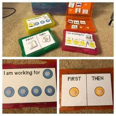 four different pictures with words and pictures on them, including an orange box that says i am working for first then