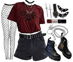 Mcr Aesthetic Outfits, Emo Night Tour Outfit, Emo Outfit With Shorts, Emo Music Festival Outfits, Yallternative Aesthetic Outfits Summer, Dark Punk Outfits, Outfit Ideas Alternative Grunge, Summerween Outfit Ideas, Rock Core Outfit