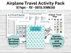 an airplane travel activity pack for kids with the text, air travel activities and printables