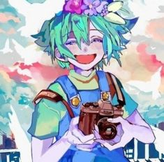 an anime character holding a camera and smiling