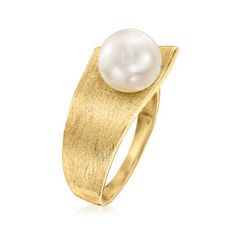 Ross-Simons - 8-8.5mm Cultured Pearl Ring in 18kt Gold Over Sterling. Size 7. A chic design you could wear with any look! A satin and polished 18kt yellow gold over sterling silver band hosts a singular 8-8.5mm cultured freshwater button pearl, adding a luminous glow to this pretty ring. 3/8" wide. White pearl ring. Pearl birthstones are the perfect gift for June birthdays. Modern Yellow Gold Pearl Ring For Anniversary, Modern Yellow Gold Pearl Ring For Formal Occasions, White Pearl Ring, Cultured Pearl Ring, Pearl Birthstone, Ring Pearl, Pretty Ring, Pretty Rings, Sterling Silver Bands