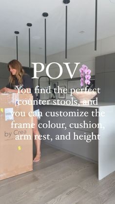 a woman standing next to a box with flowers in it and the words pov written on it