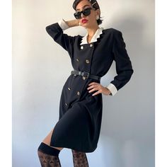 Exude timeless elegance with this vintage 80s black midi shirtdress, featuring crisp white collar and cuffs that capture the essence of sophisticated style. This 1980s double-breasted dress is designed with a classic secretary silhouette, embodying both femininity and power. Perfect for channeling old money Hollywood vibes, this dress is ideal for formal occasions or elevating your everyday wardrobe. Its refined design and impeccable tailoring make it a must-have piece for those who appreciate v Old Money Hollywood, Hollywood Vibes, Dress Old Money, Double Breasted Dress, Glamour Vintage, Elegant Feminine, Black Midi, Vintage Glamour, Everyday Wardrobe