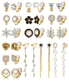 PRICES MAY VARY. 【Clip On Earrings Set】Comes with 15/13 pairs of gold clip on earrings in a set, including 12/9 pairs cute clip earrings and 3/4 pairs dangle clip on earrings in different designs, from simple to complex, from elegant to personalized, fancy design to meet your diverse wear needs, makes a difference every day. 【Non Pierced Design】Gold clip on earrings for women specially designed for non pierced ears or who like clip on earrings,neither too loose nor too tight, can stay on your ea Earrings Clip On, Piercing Fake, Fake Earrings, Great Graduation Gifts, Fancy Design, Leaf Flower, Gold Clips, Jewelry Essentials, Zirconia Earrings